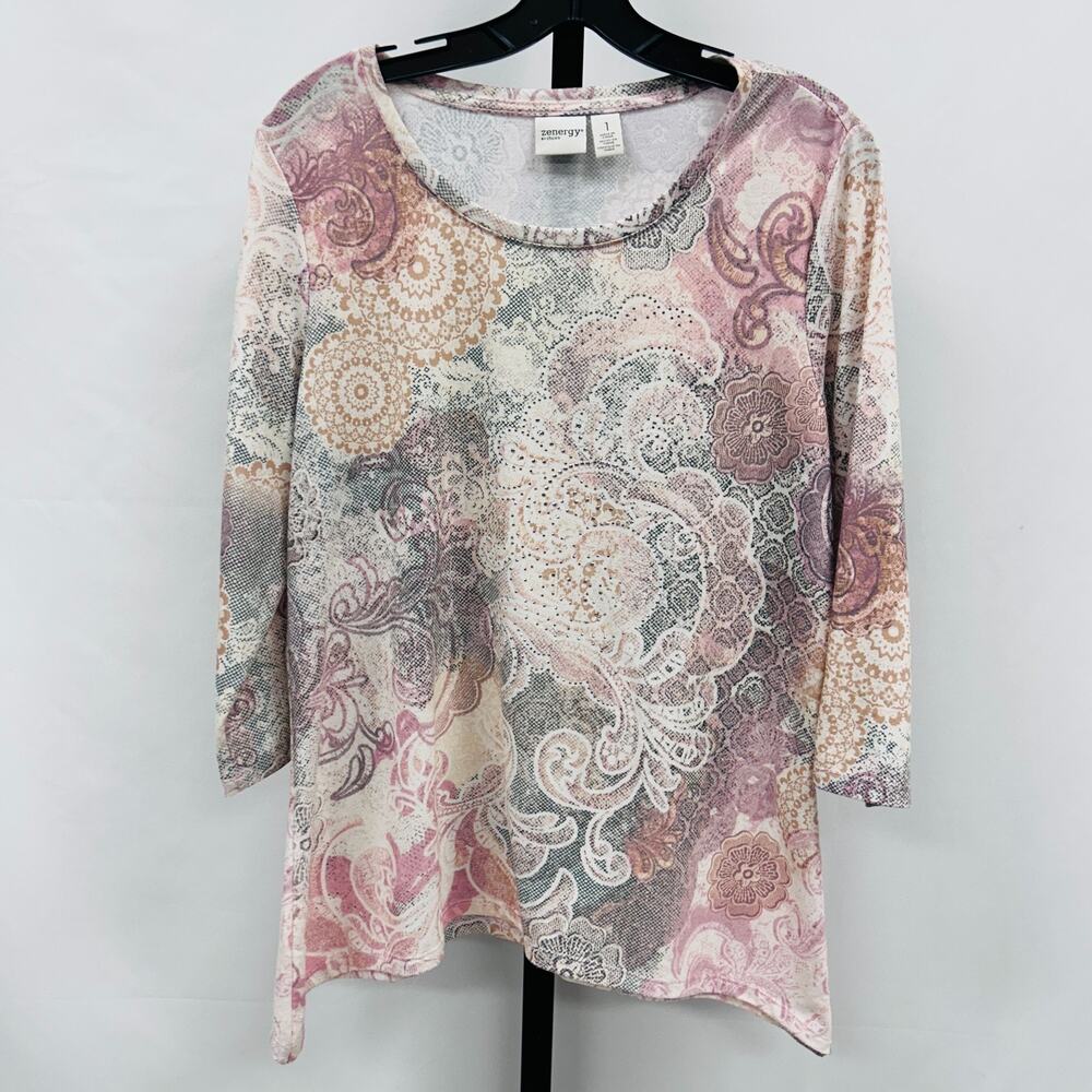 Zynergy by Chico's Women Size M (1) 3/4 Sleeve Top T Shirt Paisley Print Fall